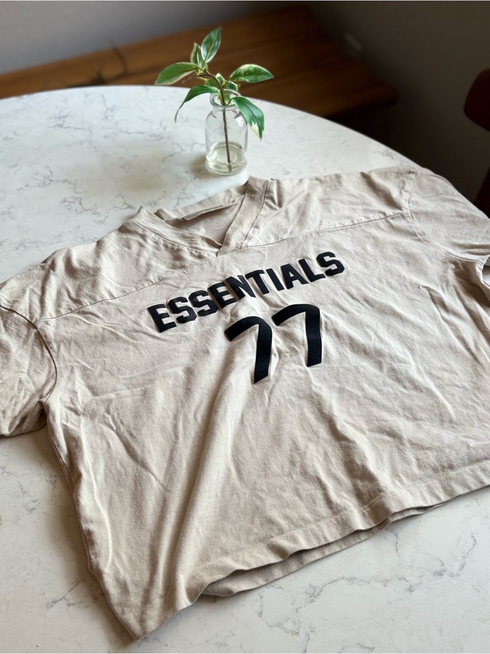 Essentials Beige Short-Sleeve Football Tee with Black '77' Graphic